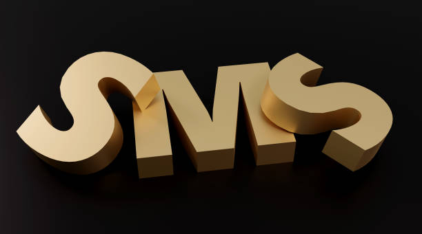 istock Luxury golden inscription sms on black podium, soft light, smooth background, 3d rendering 2164134809
