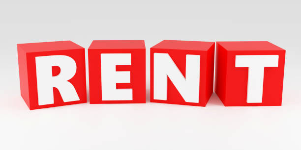 istock Luxury red inscription rent on grey podium, soft light, front view smooth background, 3d rendering 2164134835