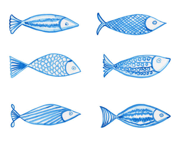 istock Set of blue abstract watercolor fish. Hand drawn sea creatures on isolated background. Summer monochrome illustration clip art for design. 2164134869