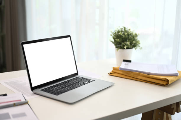 istock Home office desk. A laptop with empty display, financial reports and potted plant on white table 2164136809