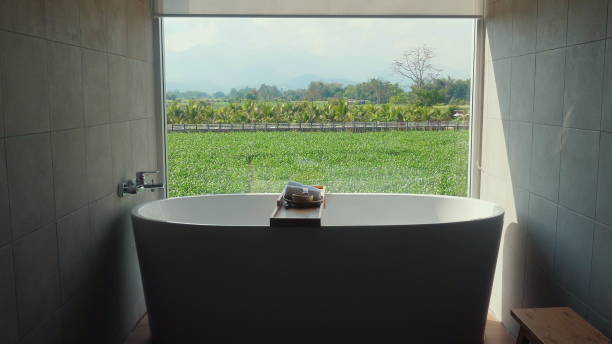 istock Luxurious bathroom tub with scenic nature view through large window, 2164137311