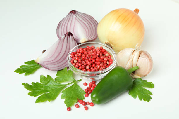 Group of spicy vegetables on white background