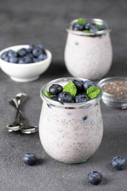 istock Chia pudding with blueberry and mint in glass jars 2164140771