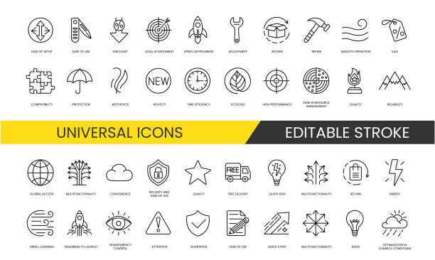 Set of vector line icons with editable stroke, Ideas, Optimization in Complex Conditions, Ease of Use and Transparency, Control and Attention, Minor Changes, Readiness for Launch, Safety, Quick Idea.