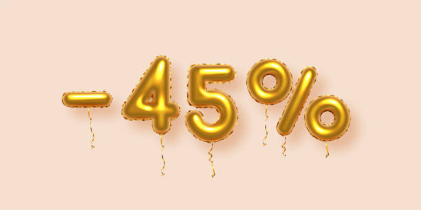 istock Discount creative composition with gold percent off. 3d Golden sale symbol with decorative balloon numbers, minus and percent signs. Sale banner or poster on beige background vector illustration 2164144280