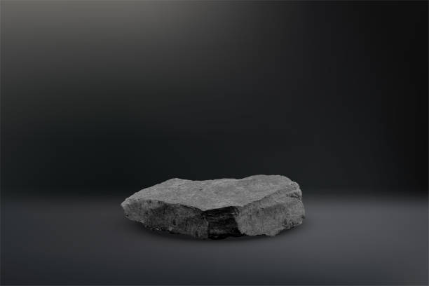 istock Stone podium background. Rock stand product display. Natural grey marble pedestal on dark wall for product placement. Modern minimal cosmetic design. Fashion beauty realistic vector illustration 2164144429