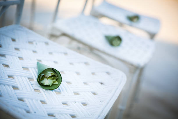 wedding detail (close up of beautiful wedding chairs decorated on beach wedding setup)