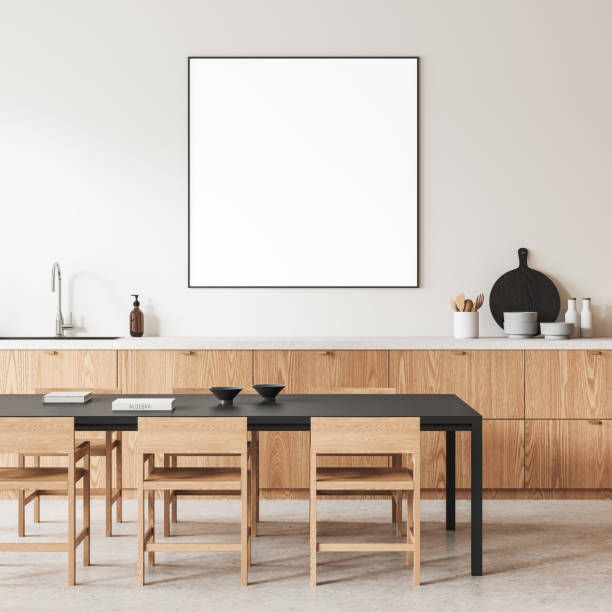 istock Home kitchen interior with cooking cabinet and dinner table. Mockup poster 2164146356