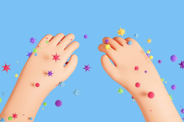 istock Cartoon hands and colorful microbes on empty blue background 2164146946