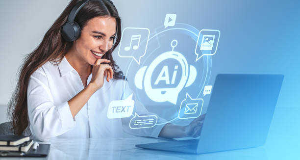 istock Woman using laptop and AI chat bot for creative services 2164147027