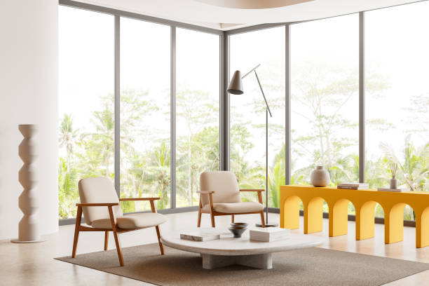 istock Light living room interior with two armchairs and shelf, panoramic window 2164147852