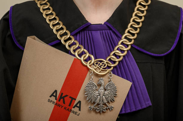 istock A judge dressed in a robe and judicial chain holds a criminal case file under his arm. Translation of the inscription: 