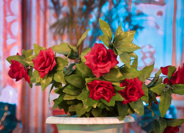 red artificial fake rose flowers on blurred background, selective focus