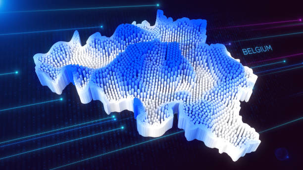 istock Digital 3D Perspective Dynamic Rippling Map of Belgium in Blue and White, Set Against Dark Futuristic Background 2164151210