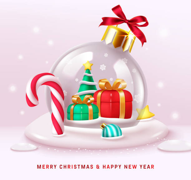 istock Christmas snow ball vector design. Merry christmas and happy new year greeting text with pine tree and gift box elements in glass crystal ball 2164151214