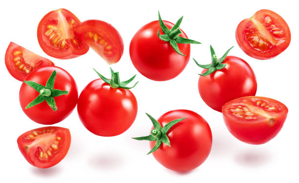 istock Red cherry tomatoes on branch with water drops isolated on white background. 2164152682