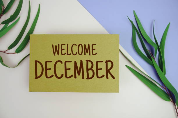 istock Welcome December text on green paper card with eucalyptus leaf decoration top view on pink and purple geometric background 2164152996