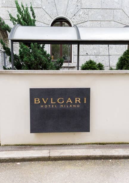 Milan, Italy, July 29, 2024 - exterior view of the sign for the Bulgari Hotel and residences in Milan