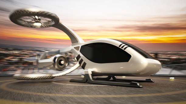 istock White Futuristic eVTOL on Rooftop Landing Pad at Sunset 2164166019