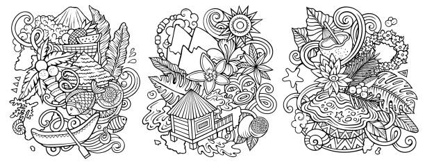 Tahiti cartoon vector doodle designs set. Tahiti cartoon vector doodle designs set. Line art detailed compositions with lot of Tahitian objects and symbols panama illustrations stock illustrations