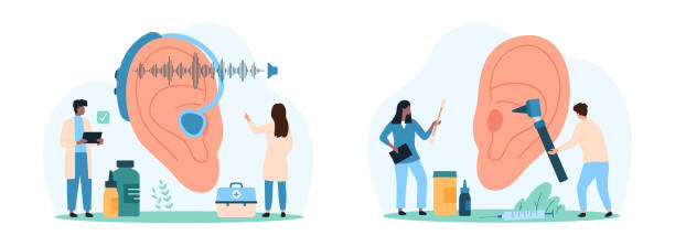 istock Diagnosis and treatment of hearing problems set, tiny people examine big human ear 2164167009