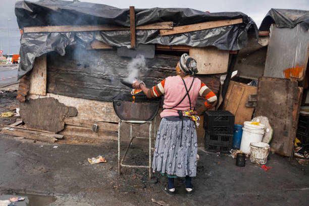 Horizontal view of a black lady preparing a barbecue in a Township, Cape Town