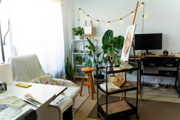 istock Painting studio. Brushes and artistic paintings. 2164168477