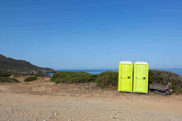 istock Bright Green Portable Toilets by Sea 2164168846