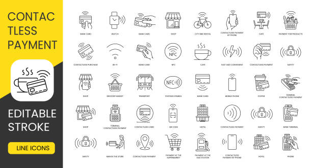 ilustraciones, imágenes clip art, dibujos animados e iconos de stock de conjunto de iconos vectoriales de línea con trazo editable, tarjeta bancaria y terminal, cafetería y alquiler de bicicletas urbanas, café y tarjeta sin contacto y compra de pago, rápido y conveniente, cesta de la compra, teléfono móvil - pago-sin-contacto