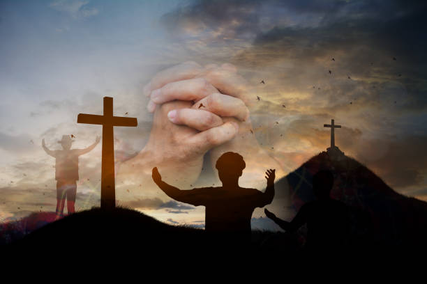 Front view man praying alone in church sitting in pew