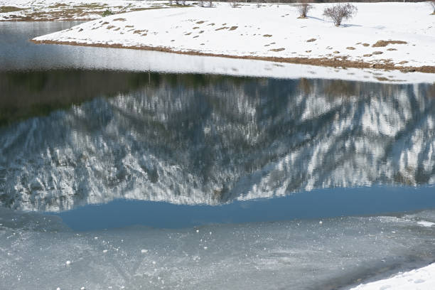 Lake snow reflection. Winter natural background. The concept of frosts, first frosts, and cold. A blue lake with a beautiful reflection of the mountains. The snow glistens in the sun. Snow melting