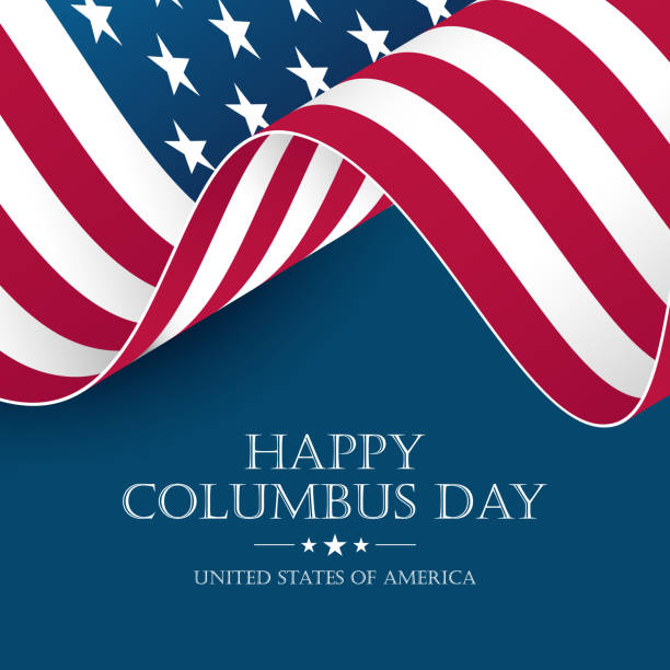 alles gute zum kolumbus-tag-grußkarte. schwenkende nationalflagge der vereinigten staaten. amerikanischer feiertag. blauer hintergrund. - columbus day stock-grafiken, -clipart, -cartoons und -symbole