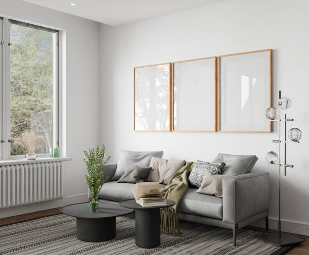 istock Mockup interior poster wood frame in empty picture living room, element cozy interior vertical, on the wall. in illustration 3d render 2164182028