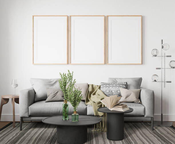 istock Mockup poster wood frame in empty picture living room, front view element interior vertical, on the wall. in illustration 3d render 2164182030