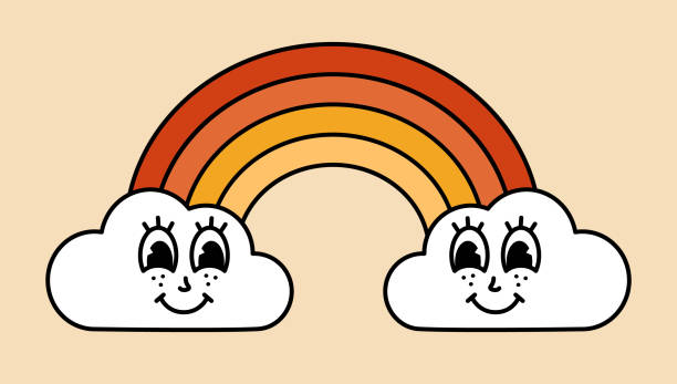 Colorful rainbow character with cartoon funny cloud faces. Groovy sticker with Sky symbol. Weather icon. Emoji expression. Retro Vector