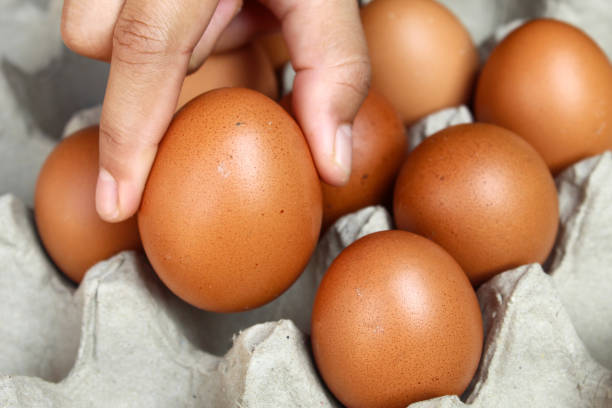 istock woman's hand taking chicken eggs in egg carton. one egg is taken to be cooked 2164185714