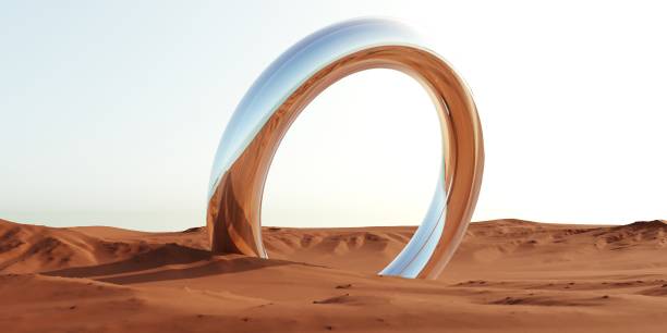 istock Abstract desert landscape with 3D rendering of mirrored objects and sand dunes. 2164197009