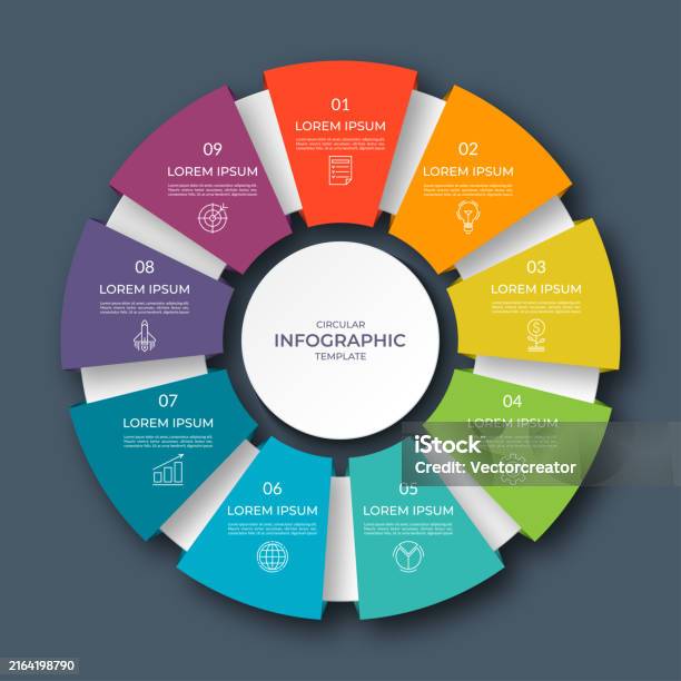 9 Step Approach Infographic Circular Diagram With 9 Options Parts Ninestep Process ...