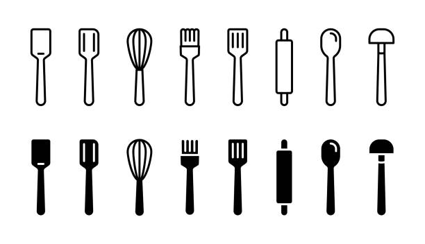 Cooking utensil icon set. Kitchen equipment collection vector illustration. Kitchenware line symbols. Cooking tools collection. Spoon, spatula, ladle, mixer, rolling pin and brush pictograms. Cooking utensil icon set. Kitchen equipment collection vector illustration. Kitchenware line symbols. Cooking tools collection. Spoon, spatula, ladle, mixer, rolling pin and brush pictograms isolated cooking utensil stock illustrations