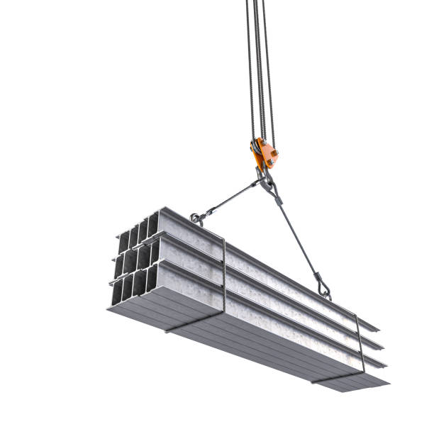 Steel beams being lifted by crane on transparent background Steel beams suspended crane, isolated transparent background. 3d hook equipment stock pictures, royalty-free photos & images