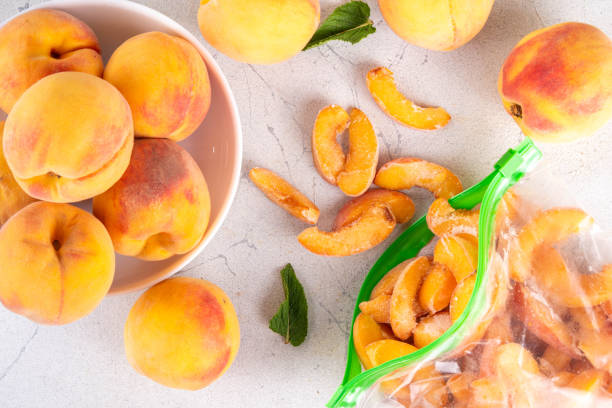 istock Frozen peaches in freezing bags 2164212971