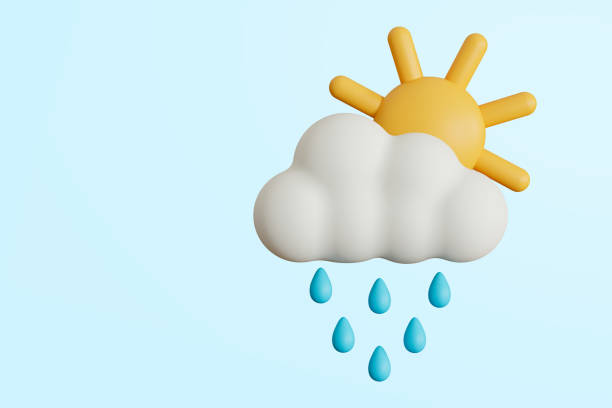 Weather concept cloudy day with 3d clouds with sun and rain drops