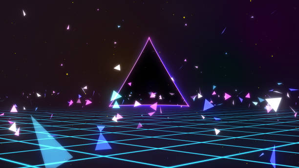 istock retro style 80s-90s futuristic grid wireframe backdrop. Digital landscape neon retro party laser pattern background. 2164220706