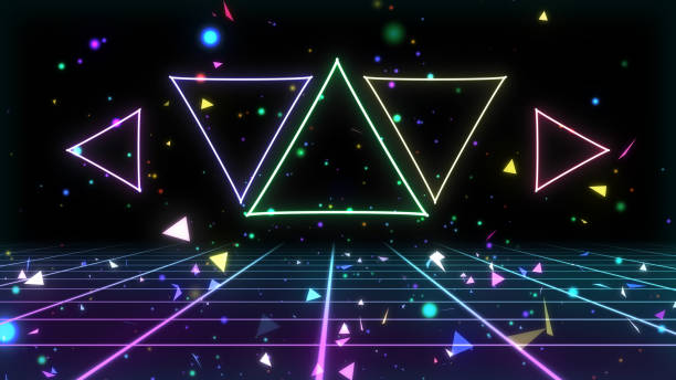 istock retro style 80s-90s futuristic grid wireframe backdrop. Digital landscape neon retro party laser pattern background. 2164220708