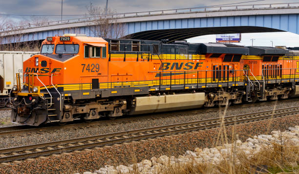 BNSF locomotives passing southbound through downtown Fort Worth, Texas