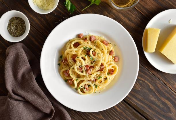 istock Carbonara pasta, spaghetti with crisp pancetta and black pepper 2164224288