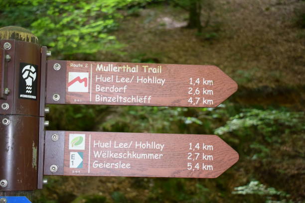 Mullerthal, Luxembourg - 07/13/2024: Hiking sign in Mullerthal, way up
