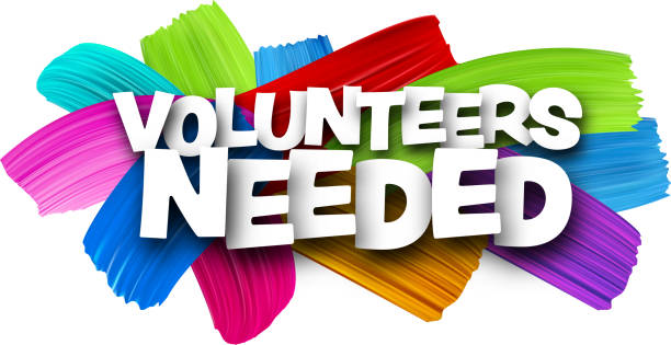 ilustraciones, imágenes clip art, dibujos animados e iconos de stock de volunteers needed paper word sign with colorful spectrum paint brush strokes over white. - voluntario