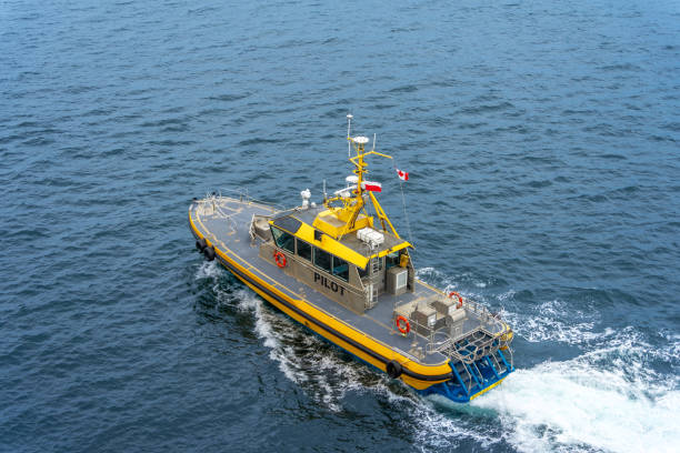 Watertaxi on the Nieuwe Maas river in Rotterdam seen from a high viewpoint. Water taxis connect 50 stops in Rotterdam and Schiedam.