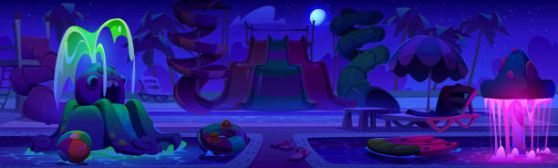 istock Night summer waterpark with slide and pool cartoon 2164242888